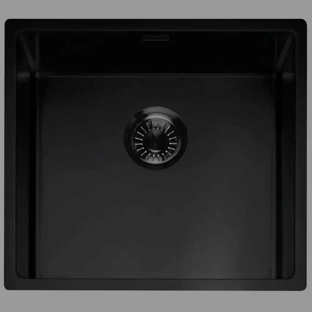 Stilvolles schwarzes Küchenspülbecken mit modernem Abflussdesign, perfekt für die moderne Inneneinrichtung.