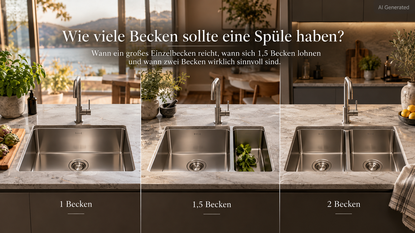 Ein Vergleich von drei Konfigurationen von Küchenspülen aus Edelstahl: ein einzelnes Becken, ein 1,5-Becken-Design und ein Doppelbecken-Design.