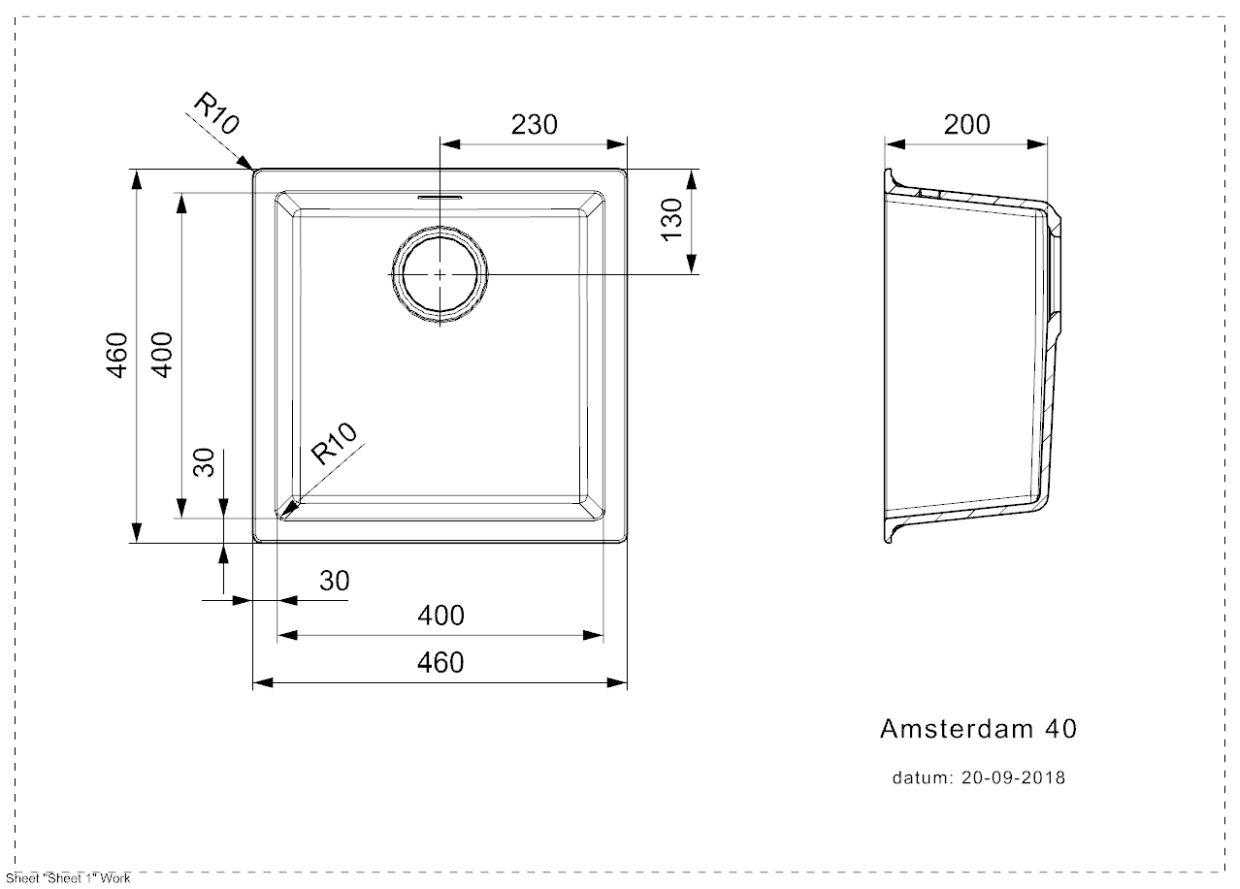 Reginox Amsterdam 40 Black Silvery Spüle 400x400 schwarz - Maßzeichnung
