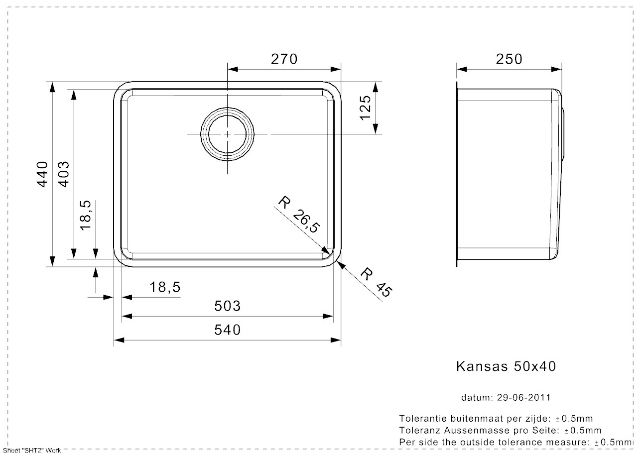 Reginox KANSAS 50x40 CC (L) Edelstahl Einbauspüle seidenglanz - Maßzeichnung