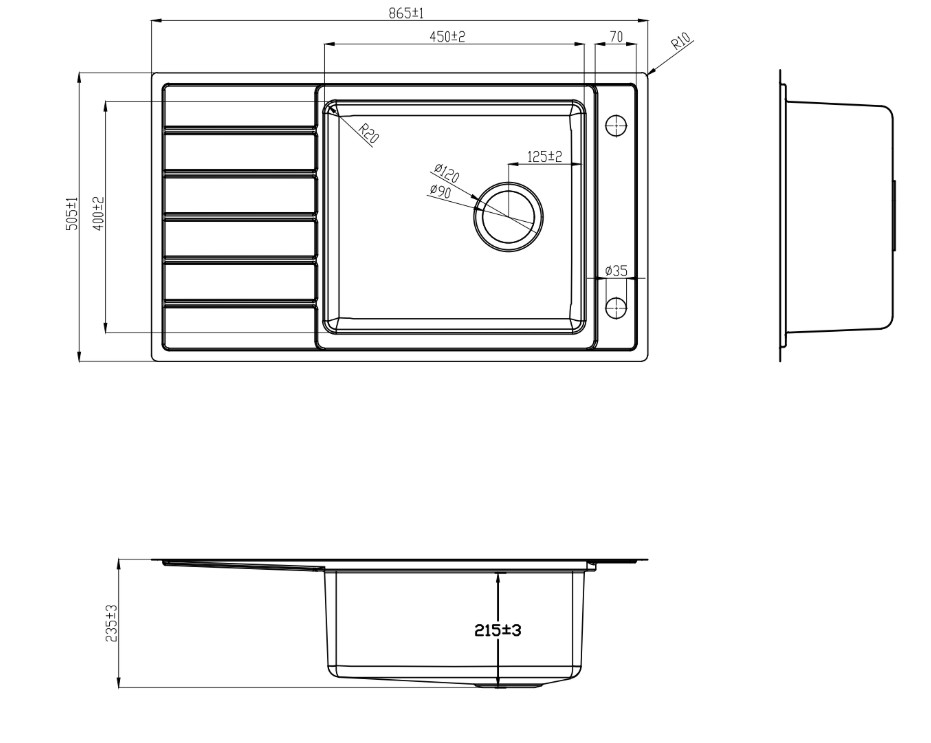 Technische Zeichnung einer Küchenspüle mit Abmessungen und Spezifikationen für Installation und Design.