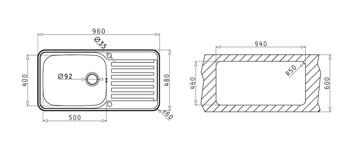 TZ-SPACE-PLUS-1B-1D Pyramis SPACE PLUS 1B 1D Edelstahl Einbauspüle poliert - - Maßzeichnung