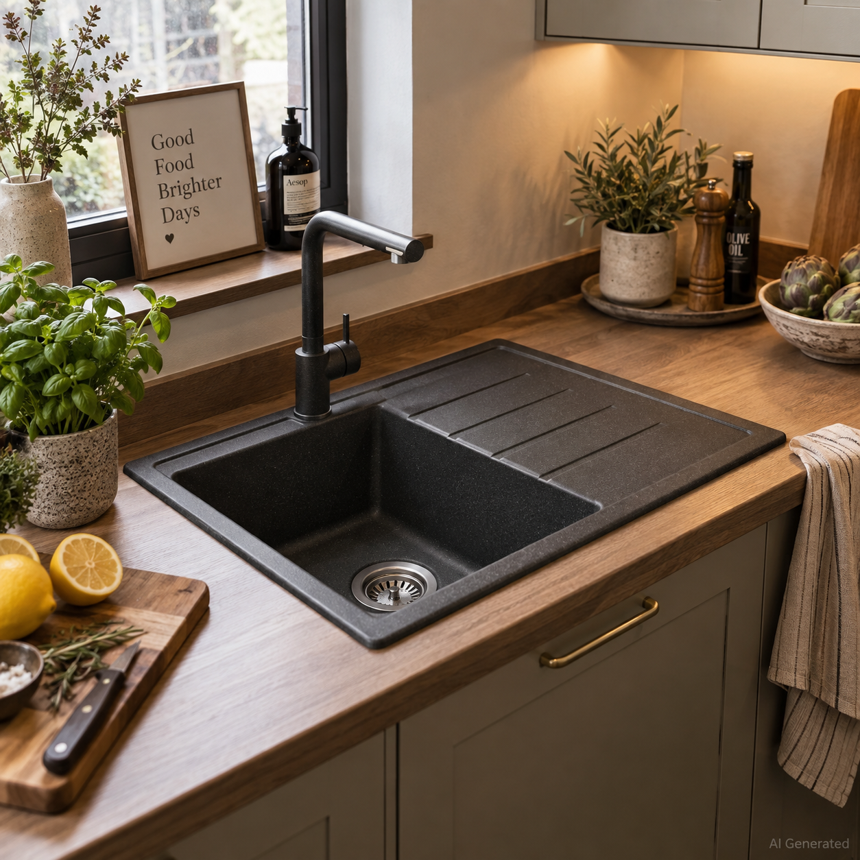 Ein modernes Küchenspülbecken mit schwarzem Wasserhahn in einer Holzarbeitsplatte, umgeben von Pflanzen, Zitronen und Dekorationsgegenständen.