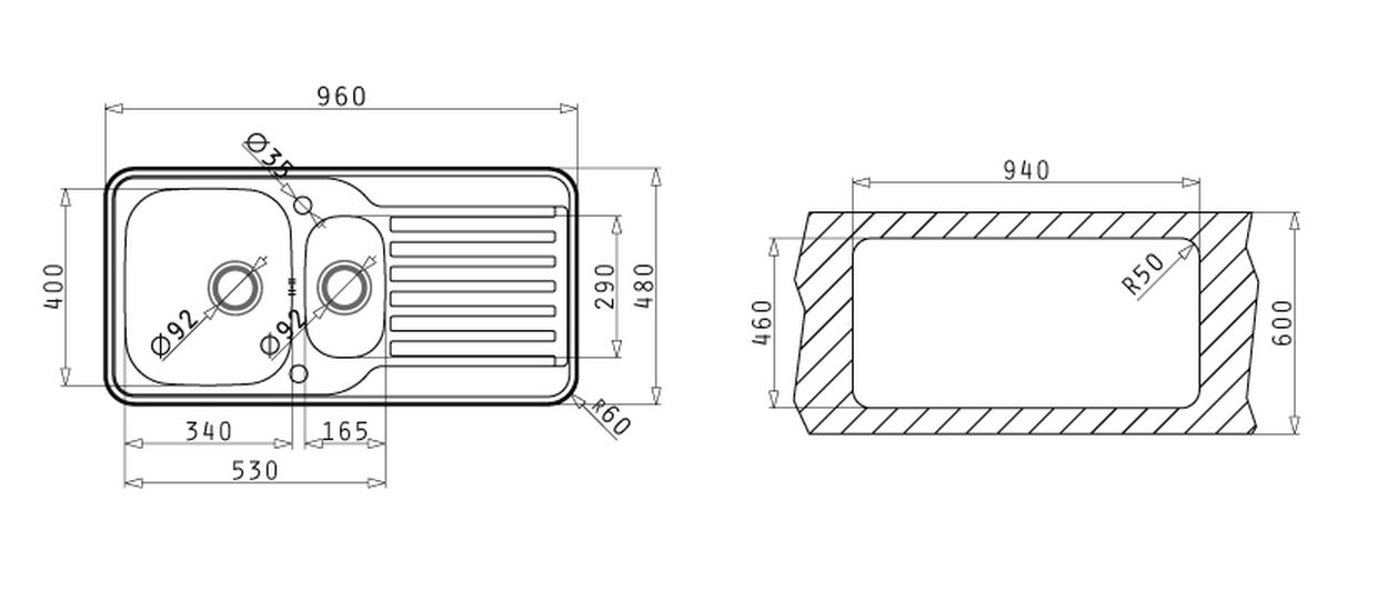 Pyramis SPACE MINI 1 1/2B 1D Edelstahl Einbauspüle poliert - Maßzeichnung