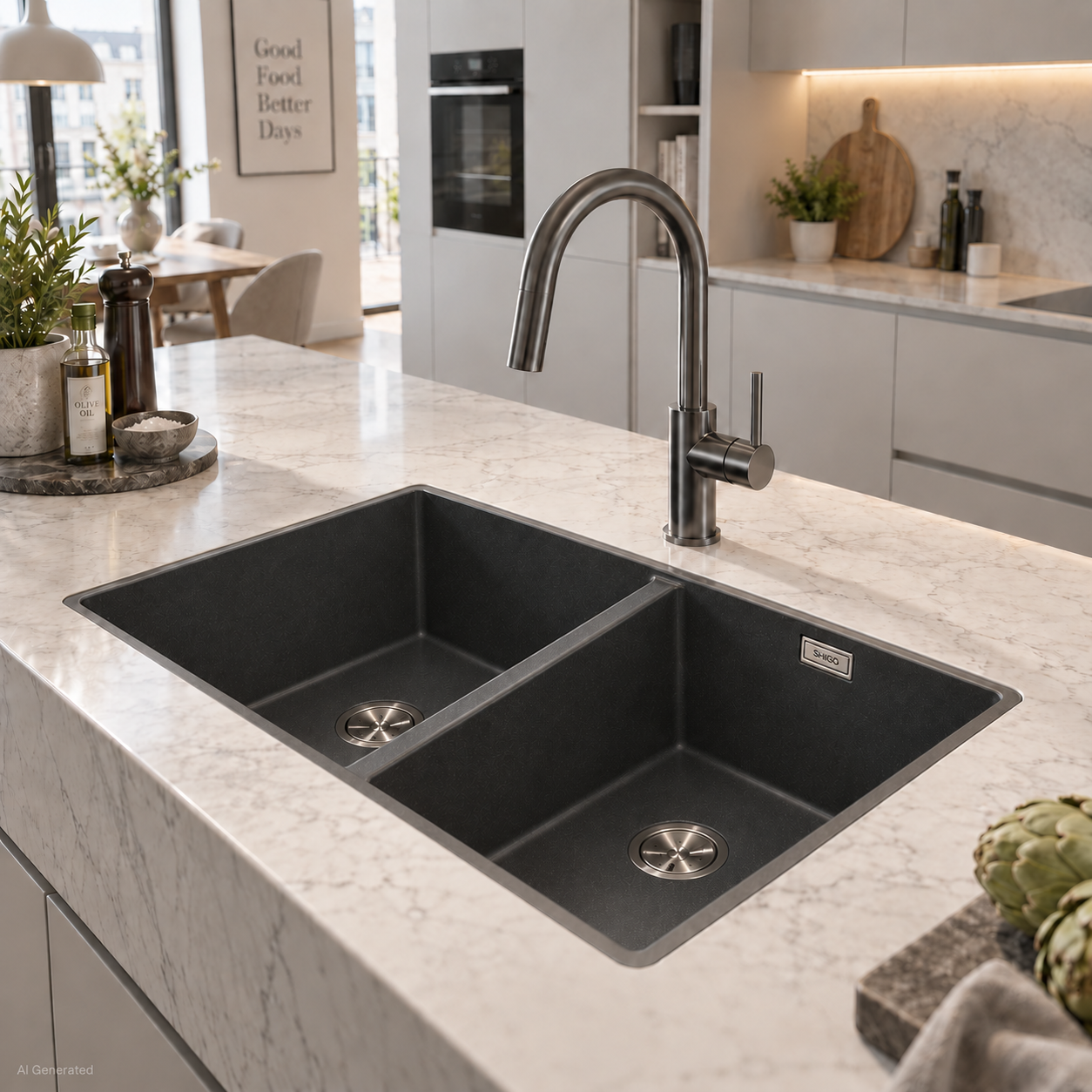 Eine moderne Kücheninsel verfügt über ein schwarzes Doppelwaschbecken mit einem eleganten Metallhahn, der in eine Arbeitsplatte aus weißem Marmor eingelassen ist.