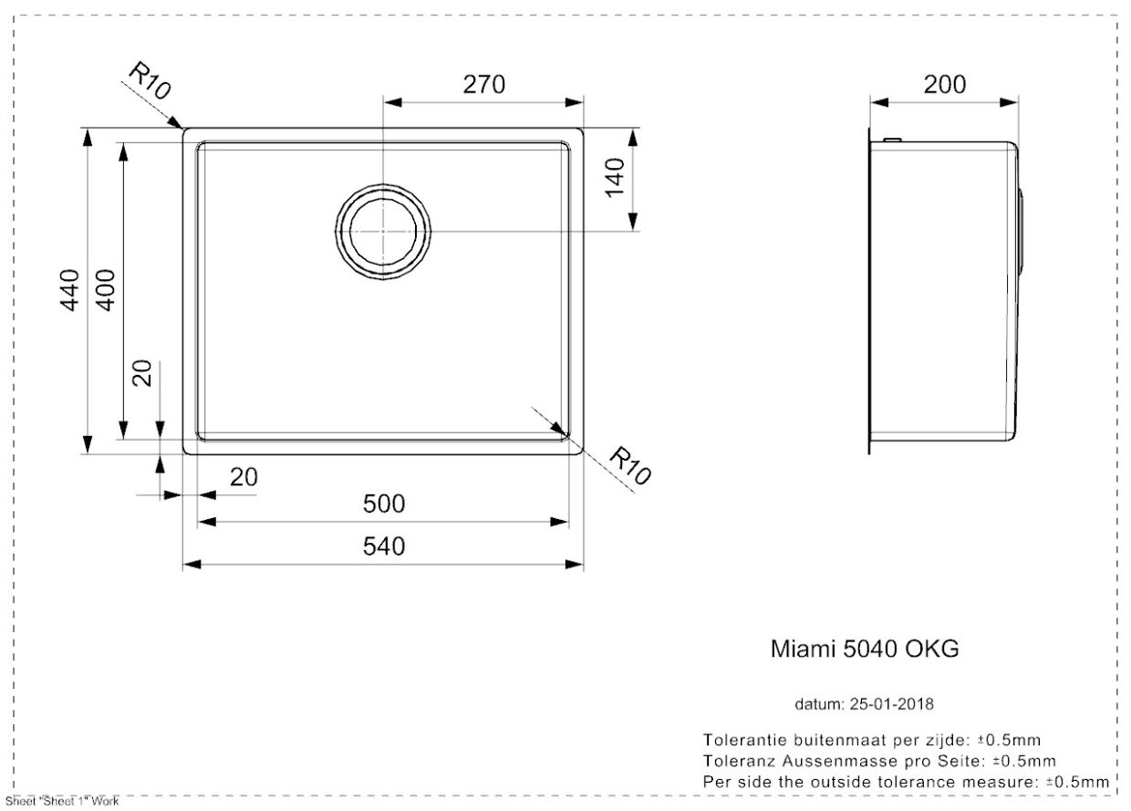 L7683_1 Reginox MIAMI 50X40 GOLD (L) Integrated Edelstahl Spülbecken - Maßzeichnung
