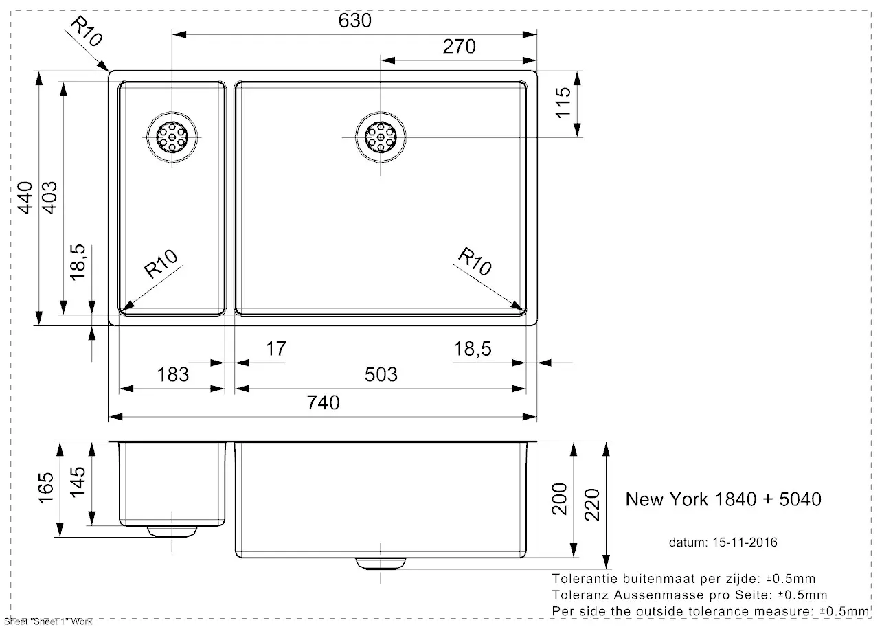 Reginox NEW YORK 18x40+50x40 (L) Edelstahl Einbauspüle - Maßzeichnung