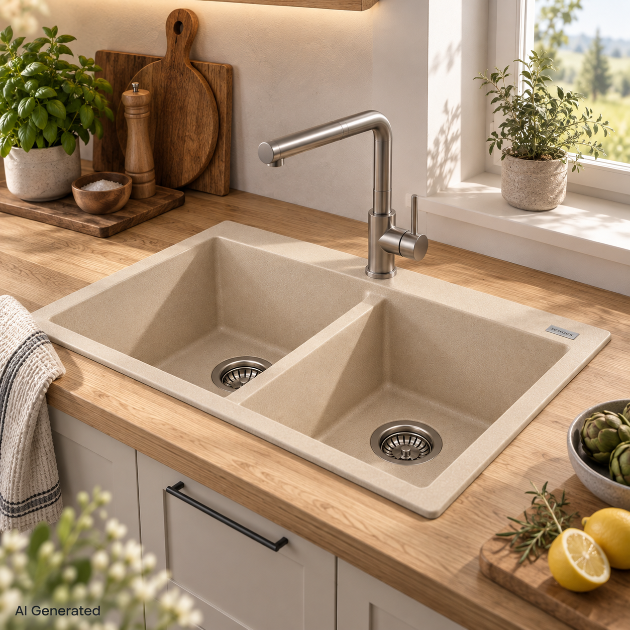 Ein beiges Doppelbecken-Spülbecken aus Verbundwerkstoff mit einem Wasserhahn aus Edelstahl, eingelassen in eine Arbeitsplatte aus hellem Holz in einer Küche.