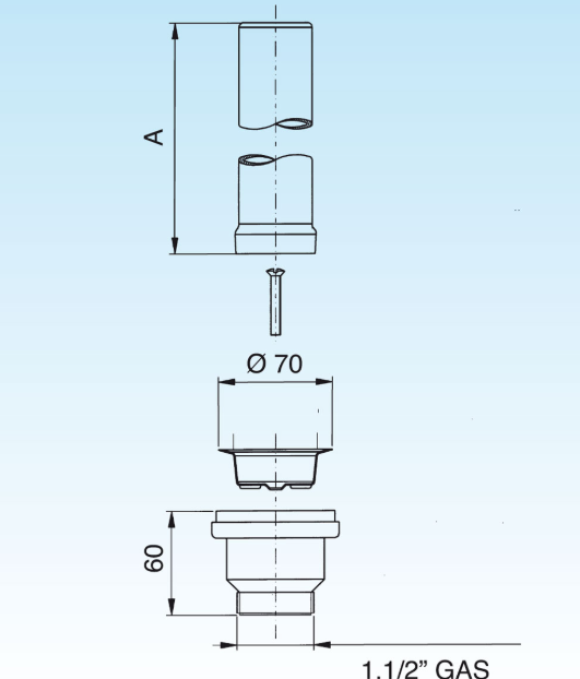 1,5 Zoll Ablaufgarnitur mit Standrohr 170 mm für medizinische Spülen ohne Überlauf Technische Strichzeichnung einer Abflussbaugruppe für ein Sanitärspülbecken mit Abmessungen, einschließlich eines Durchmessers von 70 mm und eines 1,5-Zoll-Gewindes.