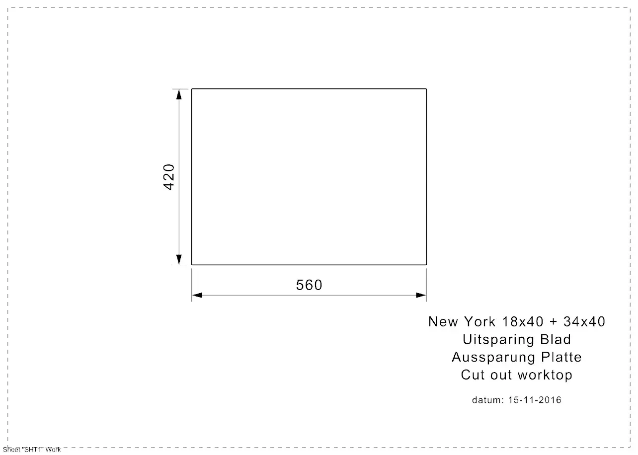 Reginox NEW YORK 18x40+34x40 (L) Edelstahl Einbauspüle - Arbeitsplatten-Ausschnitt