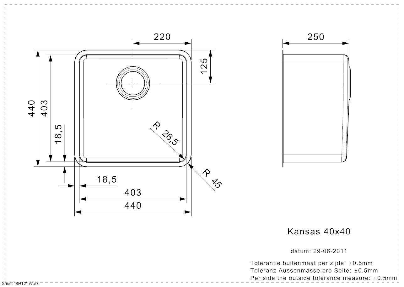 B19H2LLU05GDS_1 Reginox KANSAS 40x40 CC (L) Edelstahl Einbauspüle seidenglanz - Maßzeichnung