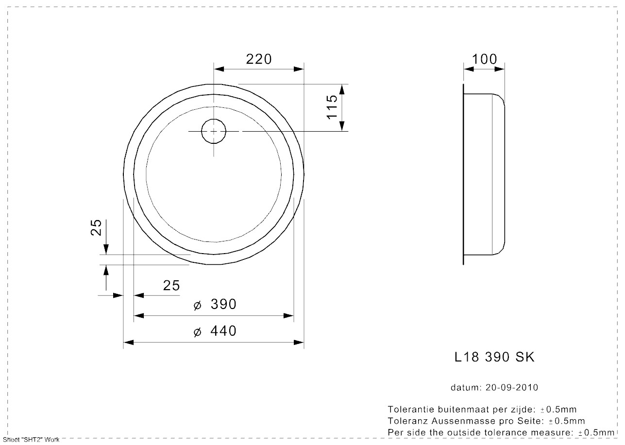 Reginox L18 4035 VP-CC 10 cm tief (L) Edelstahl Einbauspüle poliert - Maßzeichnung