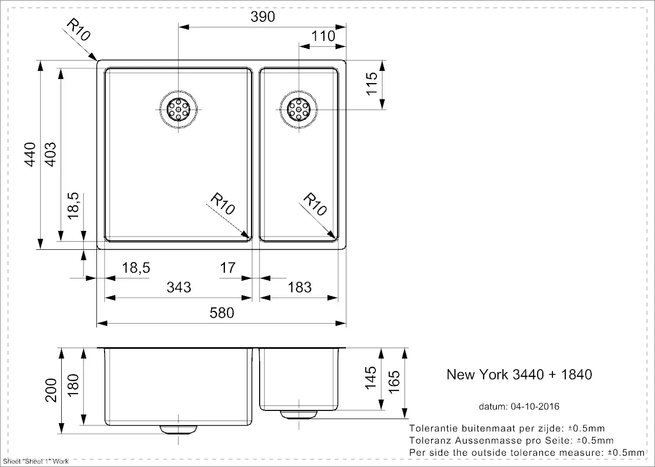 Reginox NEW YORK 34x40+18x40 (L) Edelstahl Einbauspüle - Maßzeichnung
