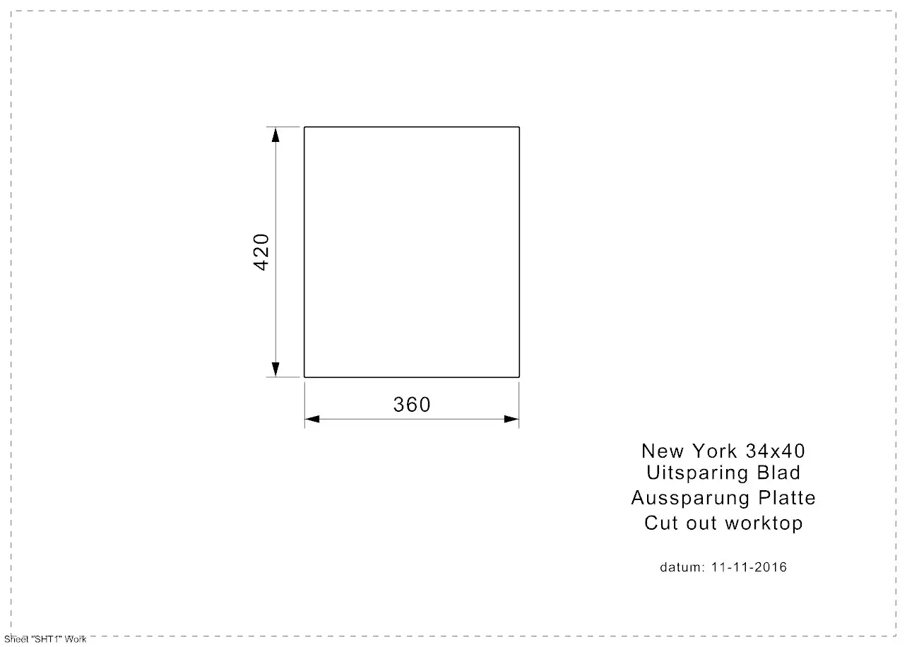 Reginox NEW YORK 34x40 (L) Edelstahl Einbauspüle - Aussparung Arbeitsplatte