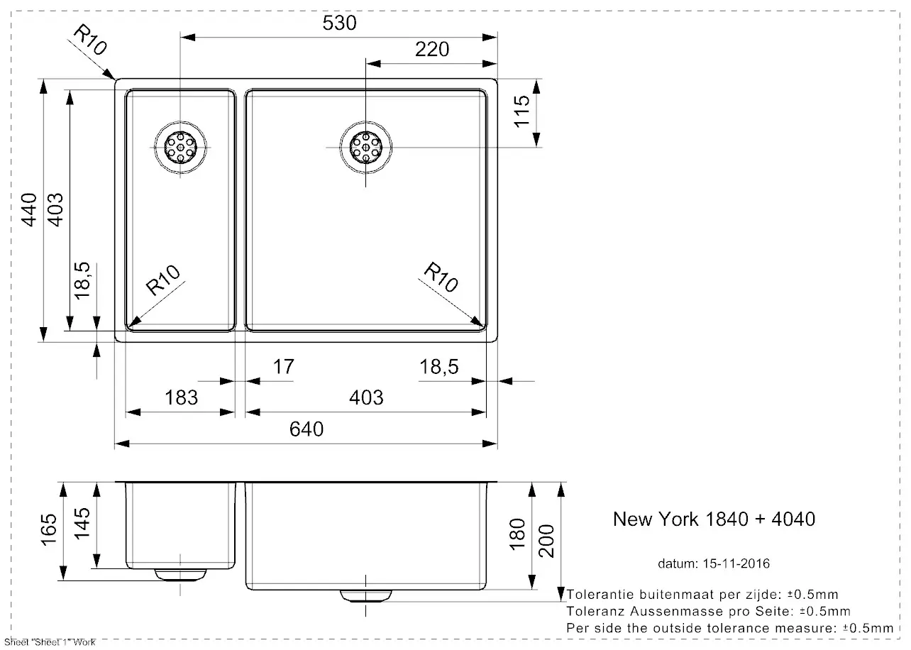 Reginox NEW YORK 18x40+40x40 (L) Edelstahl Einbauspüle - Maßzeichnung