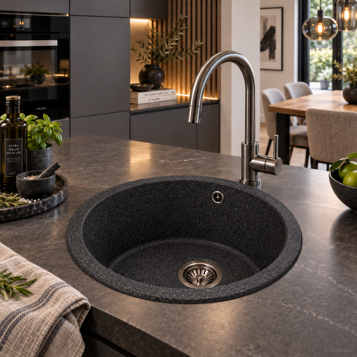 Ein modernes, rundes Küchenspülbecken aus schwarzem Granit mit einem Wasserhahn aus gebürstetem Metall, der in eine Arbeitsplatte aus dunkelgrauem Marmor eingelassen ist.
