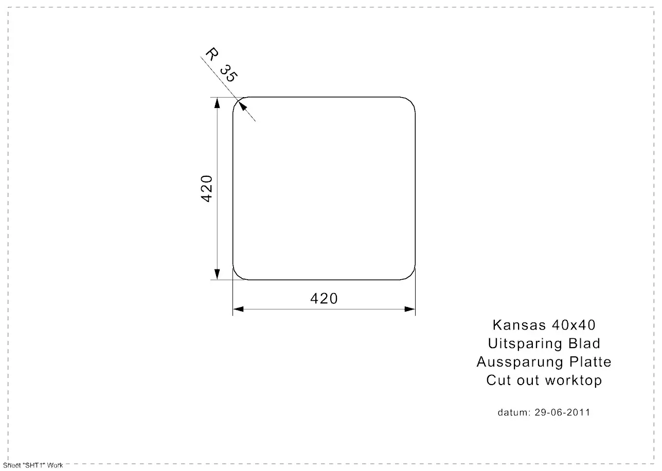Reginox KANSAS 40x40 (L) Edelstahl Einbauspüle seidenglanz - Aussparung Arbeitsplatte