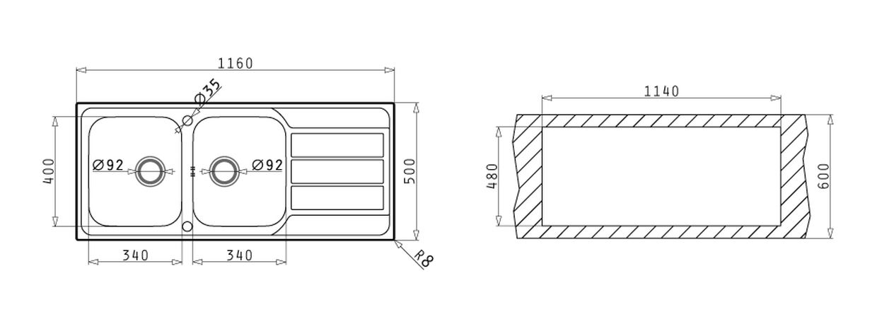 Pyramis ATHENA (116x50) 2B 1D Edelstahl Einbauspüle - Maßzeichnung