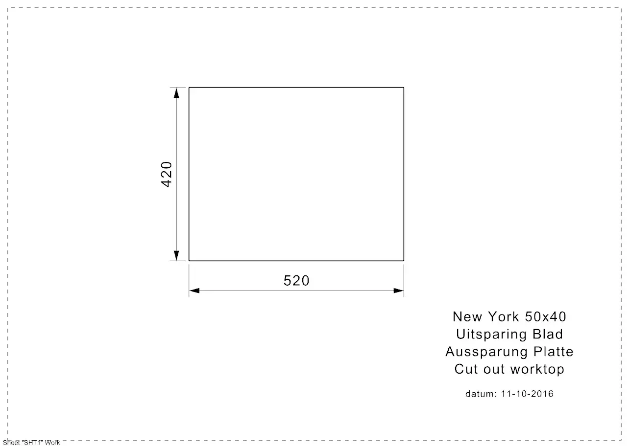 Reginox NEW YORK 50x40 (L) Edelstahl Einbauspüle - Aussparung Arbeitsplatte