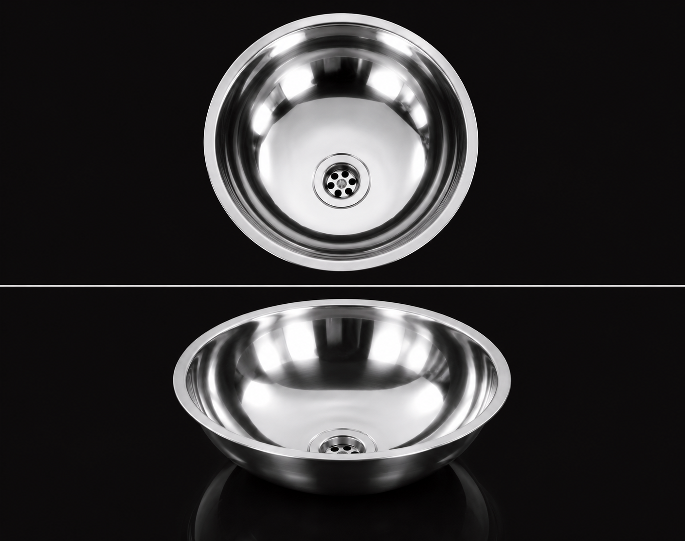 SHIGO Edelstahl-Handwaschbecken Ø260 mm – V2A, ohne Überlauf Glänzendes Spülbecken aus Edelstahl mit Abfluss, das ein modernes Design auf schwarzem Hintergrund präsentiert.