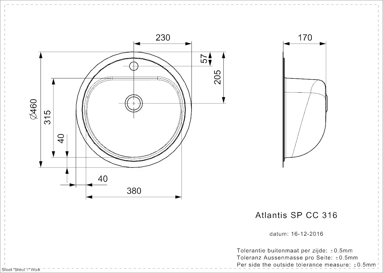 Reginox ATLANTIS 316 SP CC (L) Edelstahl Einbauspüle poliert - Maßzeichnung