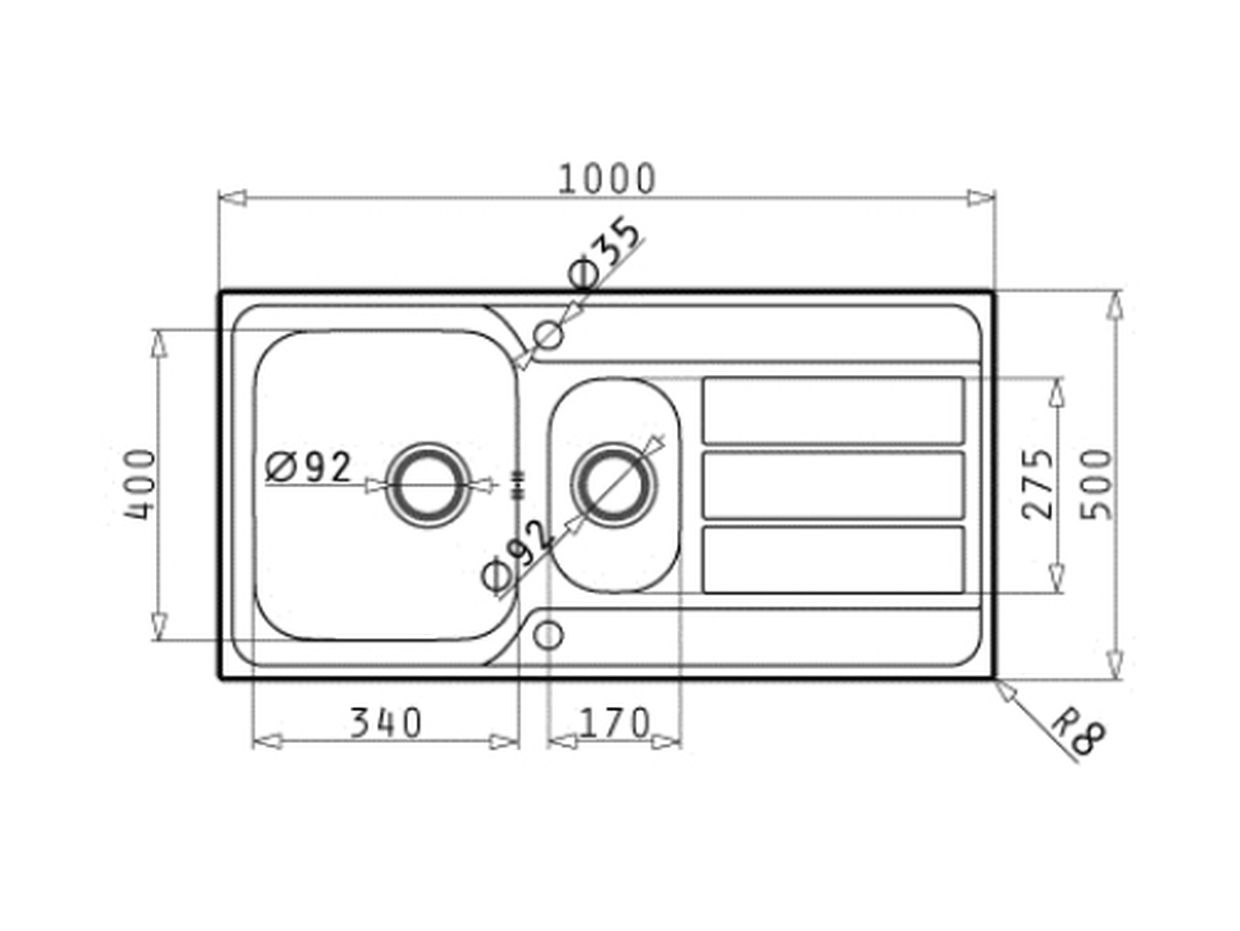 Pyramis ATHENA (100x50) 1 1/2B 1D FB Edelstahl Einbauspüle - Maßzeichnung