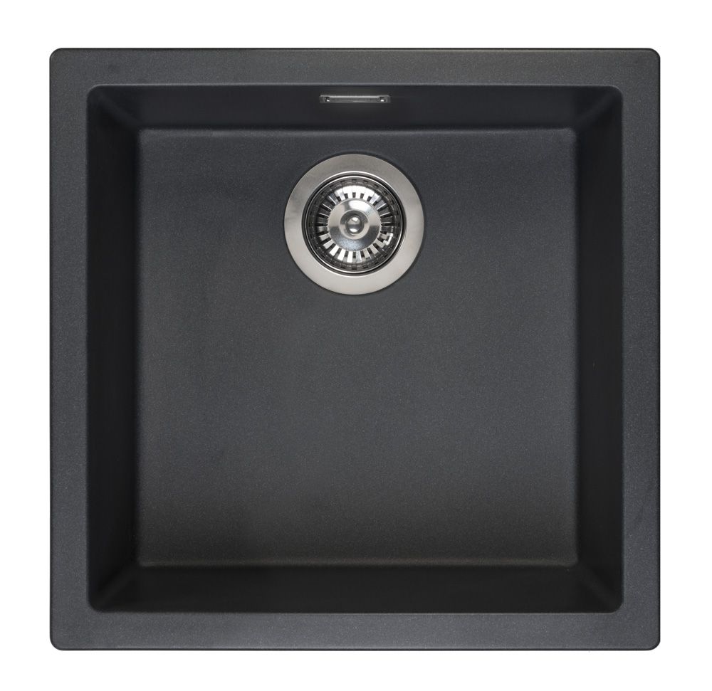 Modernes, quadratisches, schwarzes Küchenspülbecken mit Abfluss aus Edelstahl und elegantem Design für moderne Häuser.