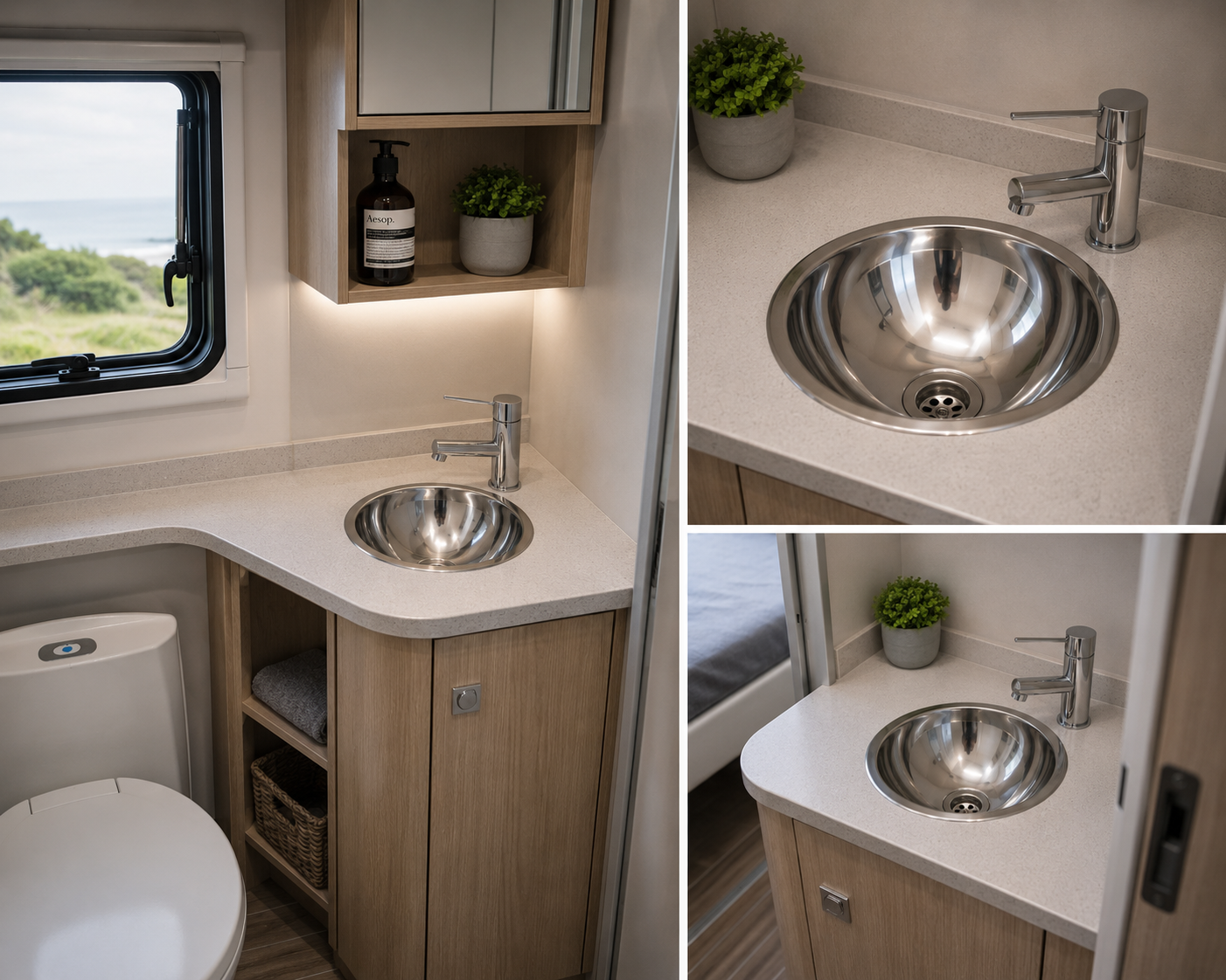 SHIGO Edelstahl-Handwaschbecken Ø260 mm – V2A, ohne Überlauf Modernes Badezimmerdesign mit einem eleganten Waschbecken aus Edelstahl, Holzschränken und natürlichem Licht durch das Fenster.