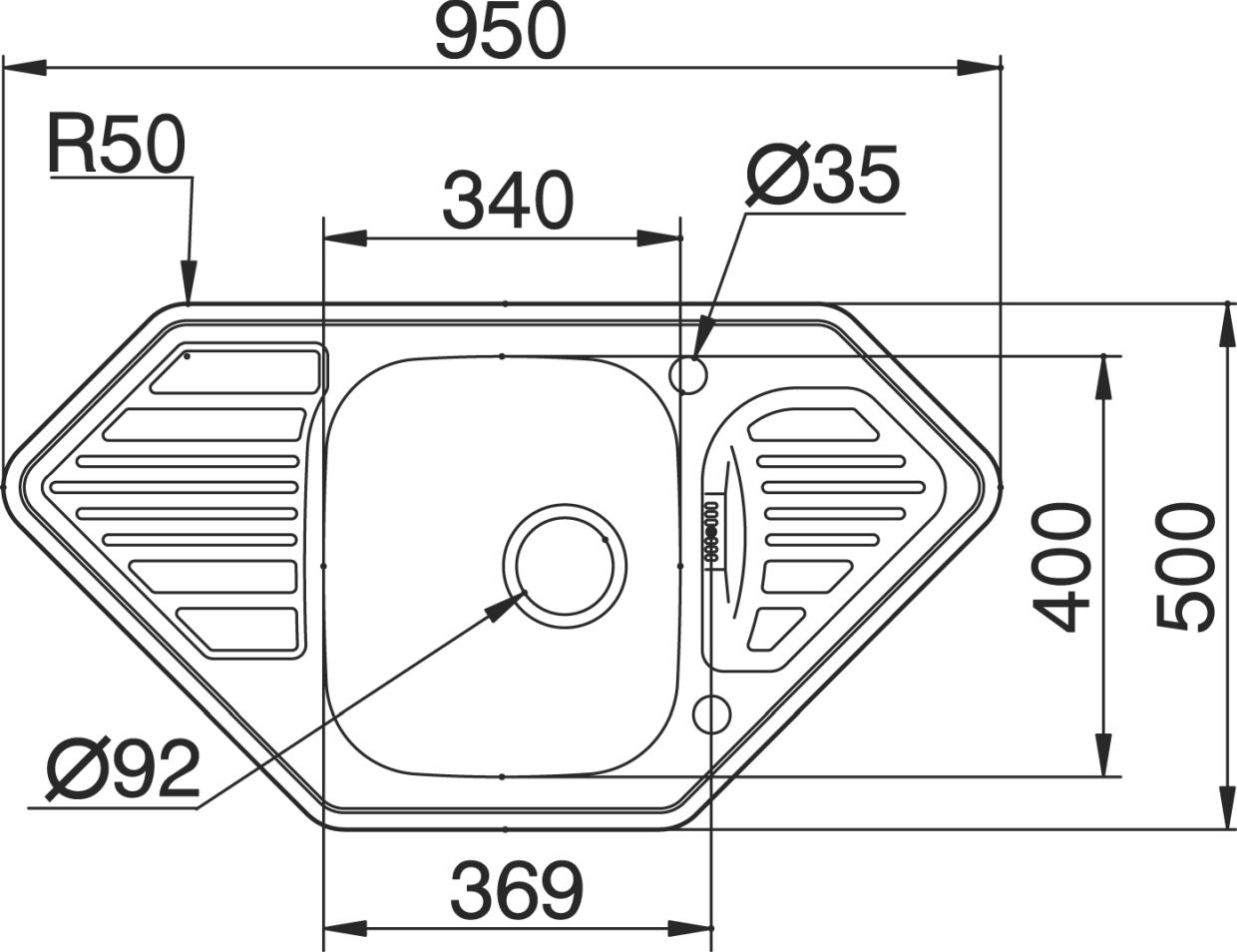 Pyramis MEDUSA CORNER 1B 2D Edelstahl Einbauspüle poliert - Maßzeichnung