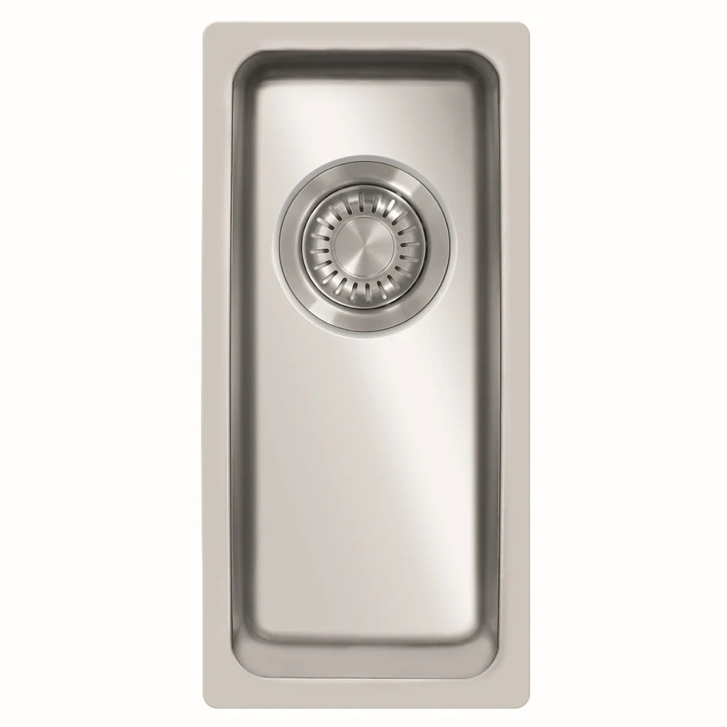 SHIGO Medizinische Edelstahlspüle ohne Überlauf 170x400x153 mm Eine Draufsicht auf ein rechteckiges Küchenspülbecken aus Edelstahl mit rundem Abfluss vor einem schlichten Hintergrund.