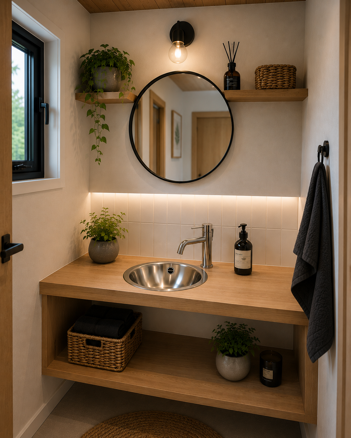 Reginox Rio OSP Edelstahl Handwaschbecken Ø 290 mm rund Moderner Waschbeckenbereich im Badezimmer mit rundem Spiegel, Holzregalen, Pflanzen und stilvollem Dekor.