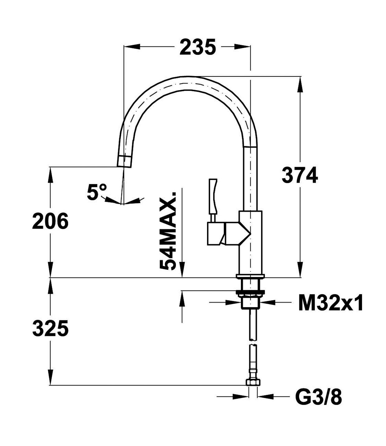 Teka Edelstahl Kuechenarmatur INX 915 - Maßzeichnung