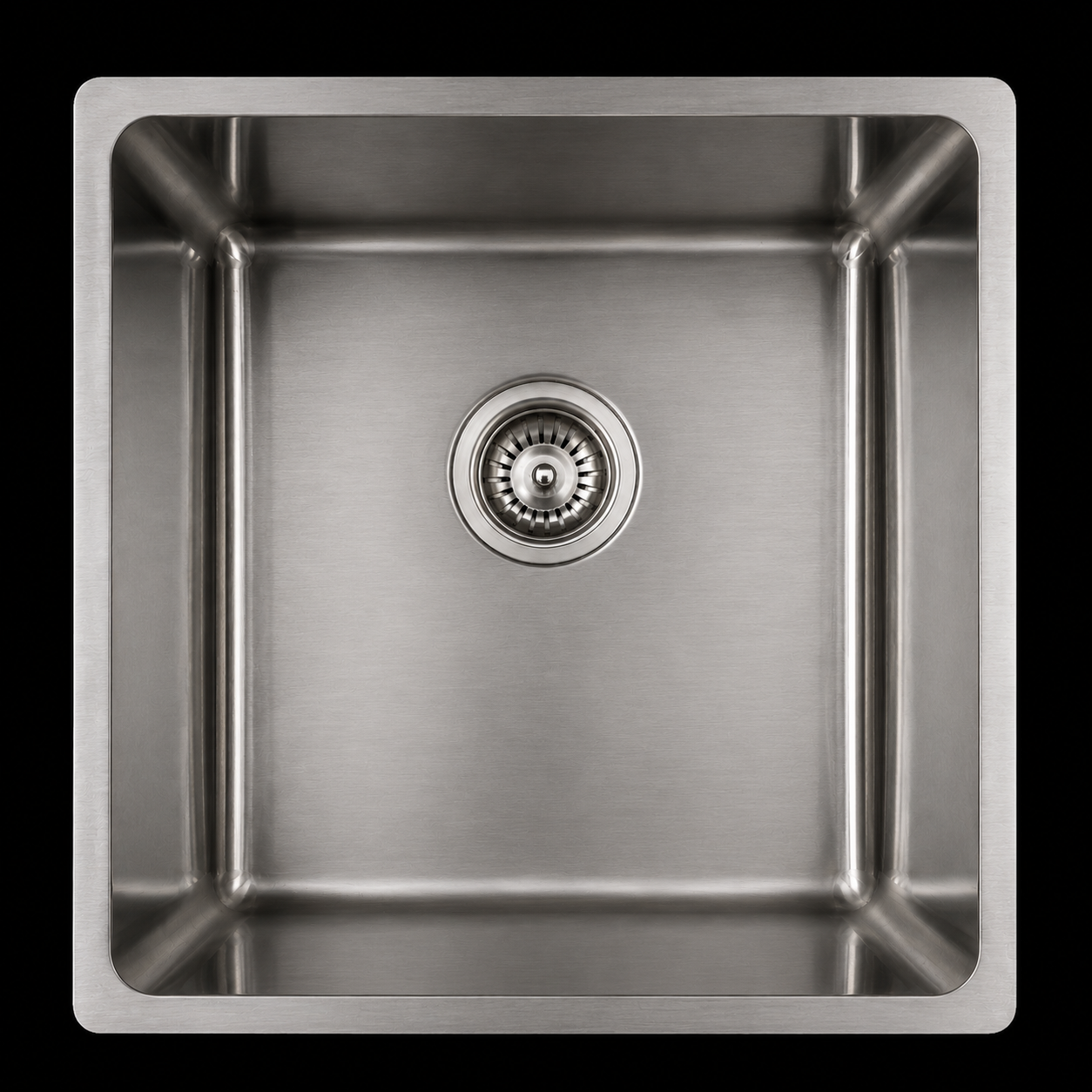SHIGO Medizinische V4A Edelstahlspüle ohne Überlauf 40x40x25 cm Draufsicht auf ein modernes Küchenspülbecken aus Edelstahl mit kreisförmigem Abfluss in der Mitte, ideal für den Heimgebrauch.