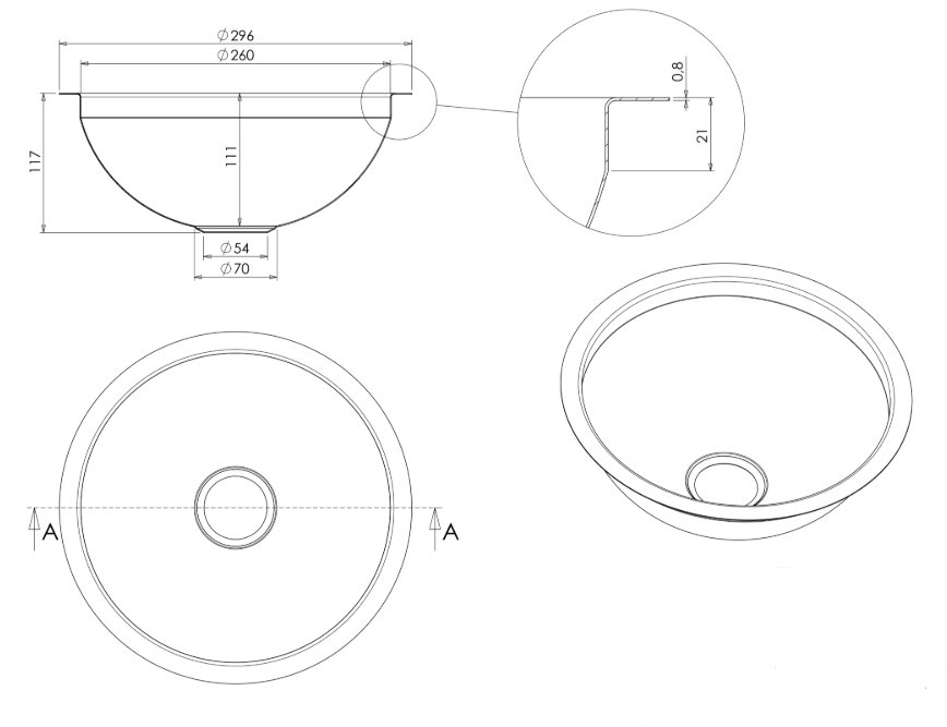 SHIGO Edelstahl-Handwaschbecken Ø260 mm – V2A, ohne Überlauf Technische Zeichnung einer runden Spüle mit detaillierten Abmessungen und Spezifikationen für Design und Installation.
