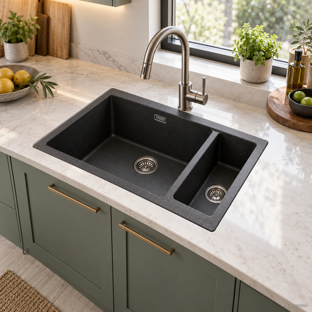 Modernes Küchenspülbecken mit elegantem schwarzem Design, Wasserhahn aus Edelstahl und Arbeitsplatte aus Marmor, umgeben von viel Grün.