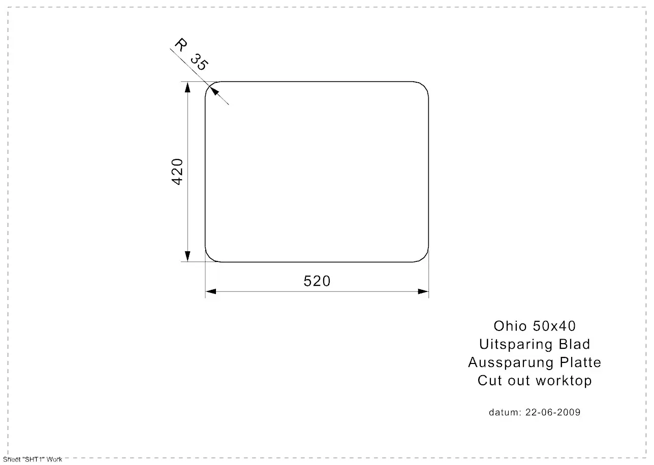 Reginox Ohio 50x40 (L) Edelstahl Einbauspüle - Aussparung