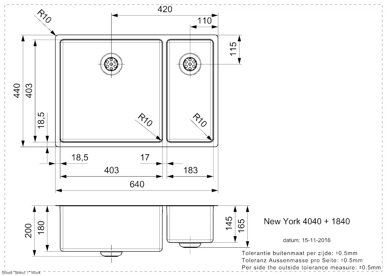 Reginox NEW YORK 40x40+18x40 (L) Edelstahl Einbauspüle - Maßzeichnung