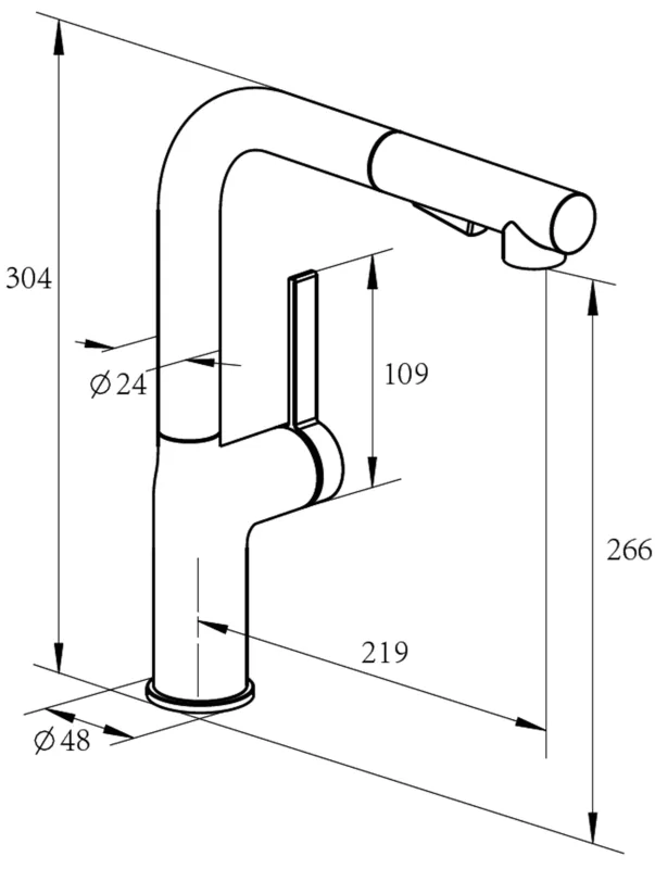 AQUA CUCINA Amari Küchenarmatur Steelfinish mit Auszugsbrause Eine technische Strichzeichnung einer modernen Küchenarmatur mit verschiedenen Abmessungen in Millimetern für die Installationsplanung.