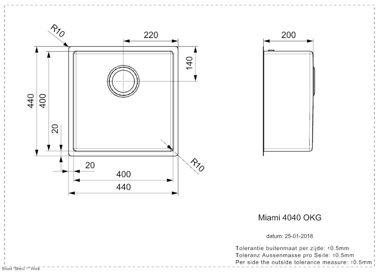 Reginox MIAMI 40X40 GUN METAL (L) Integrated Edelstahl Spülbecken anthrazit - Maßzeichnung