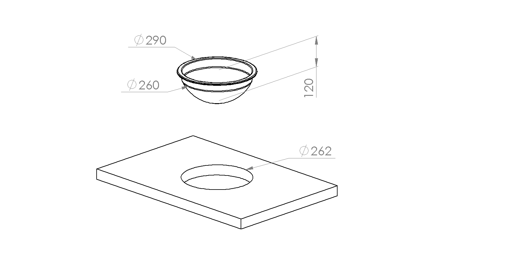 SHIGO Edelstahl-Handwaschbecken Ø260 mm – V2A, ohne Überlauf Technische Zeichnung einer Schüssel und einer ebenen Fläche mit Einbaumaßen und Montagespezifikationen.
