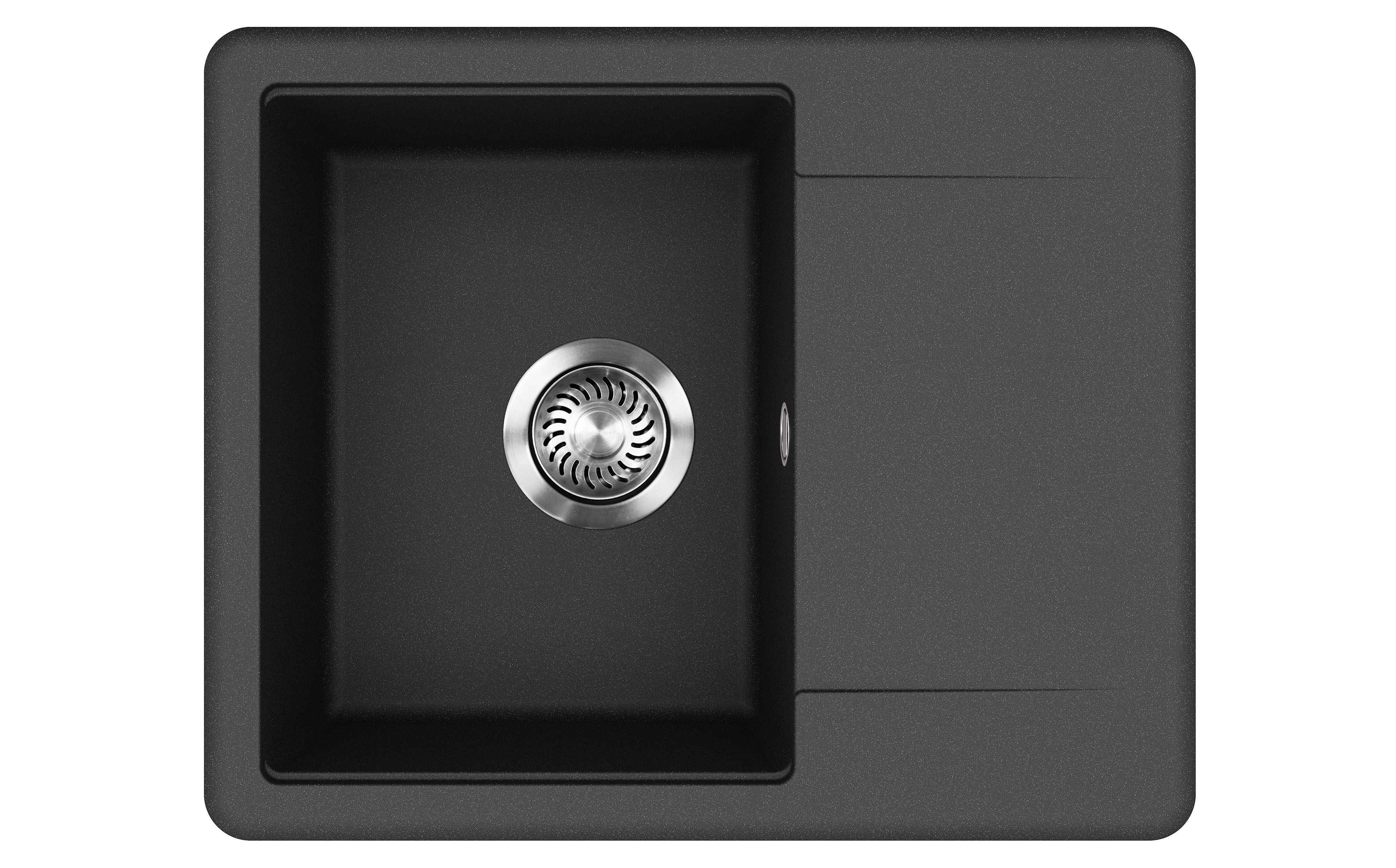Draufsicht auf ein modernes schwarzes Küchenspülbecken mit Abfluss aus Edelstahl, perfekt für moderne Wohndesigns.