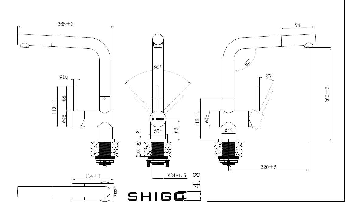 SHIGO Edelstahl Küchenarmatur mit Ausziehbrause Technische Zeichnung einer modernen Küchenarmatur mit Abmessungen, Winkeln und Installationsspezifikationen für Sanitäranlagen.
