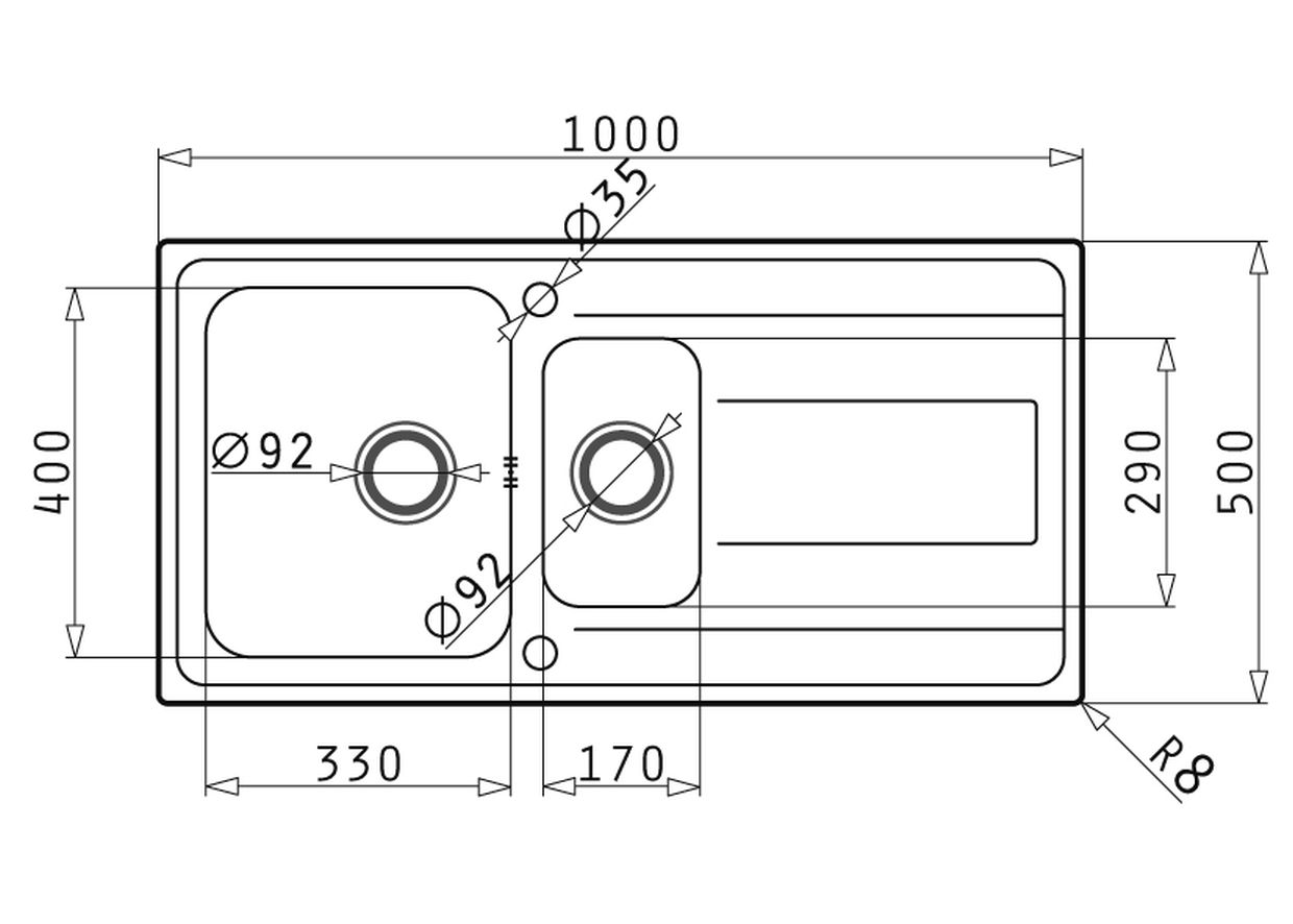 Pyramis ALEA (100x50) 1 1/2B 1D Edelstahl Einbauspüle - Maßzeichnung