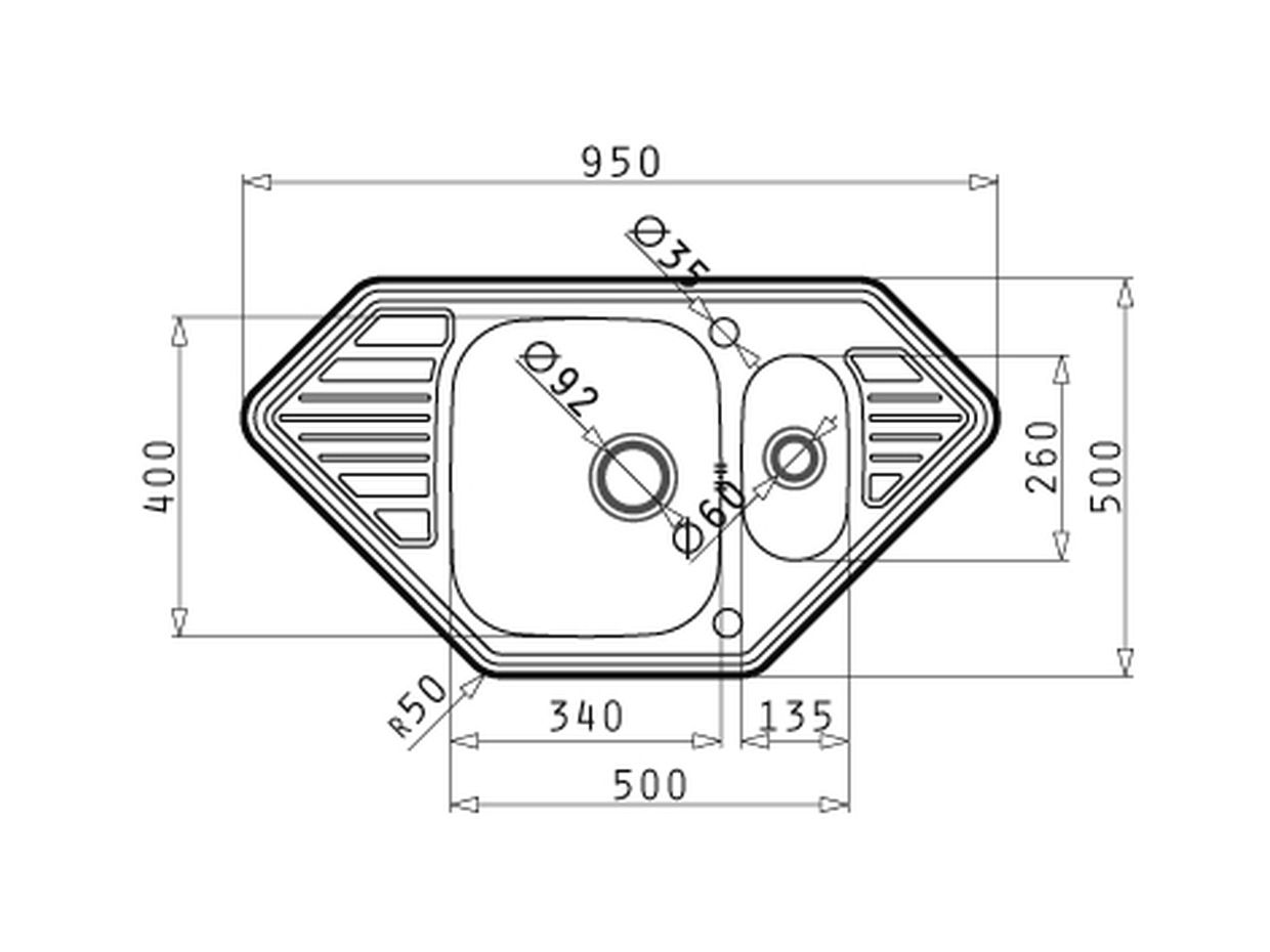 TZ-MEDUSA-CORNER-1-1-2B-2D Pyramis MEDUSA CORNER 1 1/2B 2D Edelstahl Einbauspüle poliert - Maßzeichnung