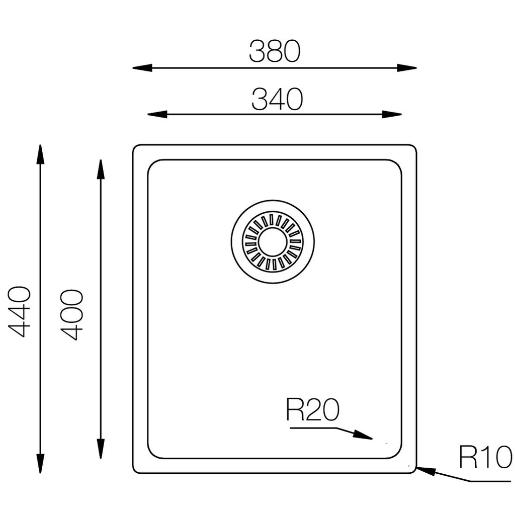 SHIGO Medizinische Edelstahlspüle ohne Überlauf 340x400x215 mm Technische Zeichnung eines rechteckigen Küchenspülbeckens mit den Abmessungen 380 x 440 mm und einer Innenbeckengröße von 340 x 400 mm.