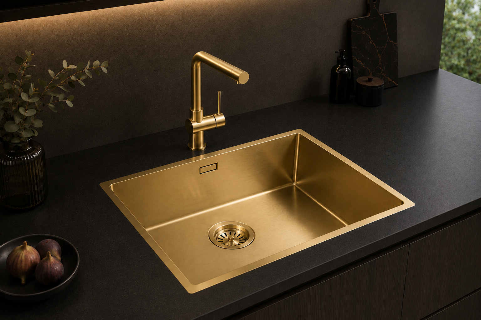Stilvolle goldene Küchenspüle mit modernem Wasserhahn und dunkler Arbeitsplatte mit dekorativen Elementen und Früchten.