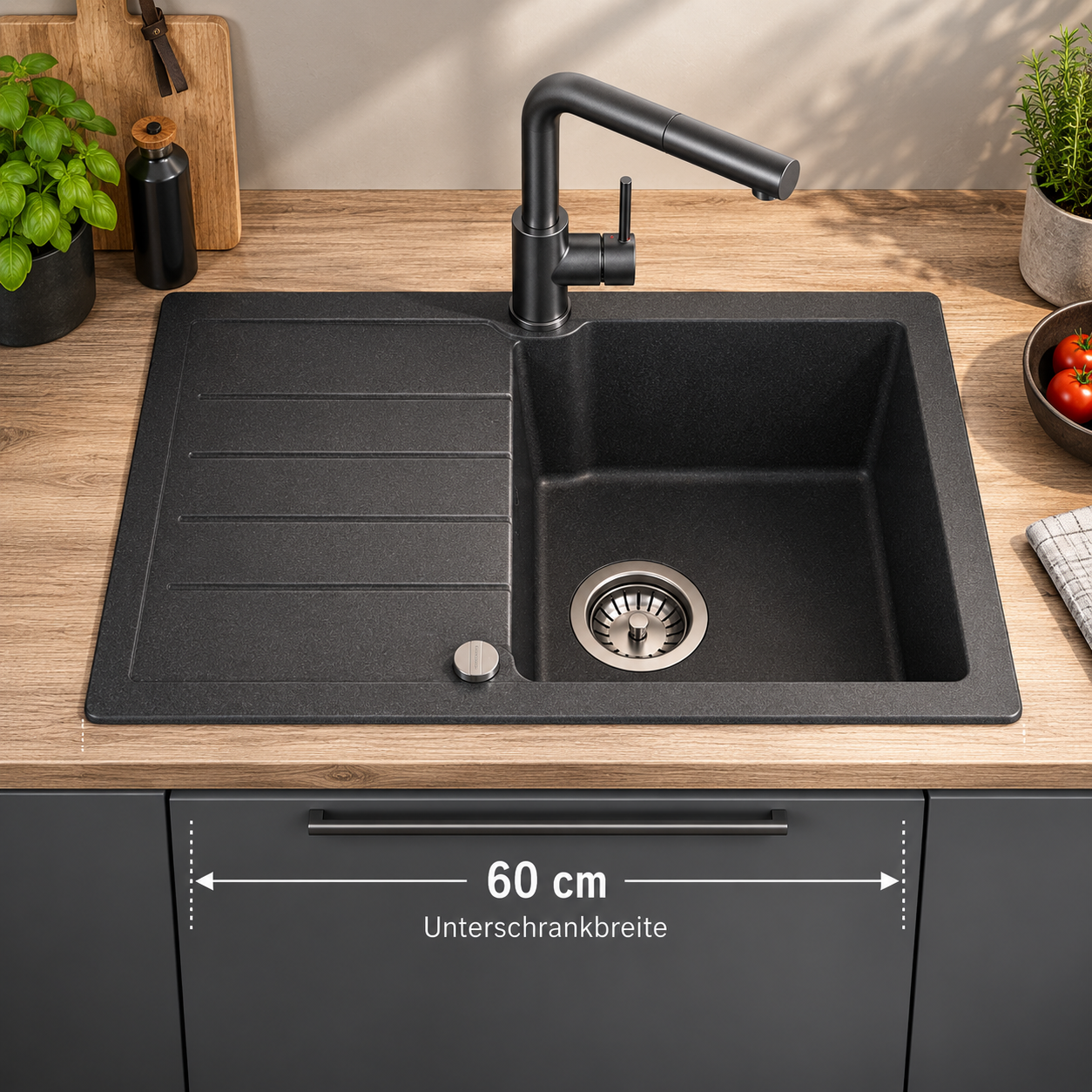 Ein modernes schwarzes Küchenspülbecken mit passendem Wasserhahn, eingelassen in eine Holzarbeitsplatte, mit einer Unterschrankbreite von 60 cm.