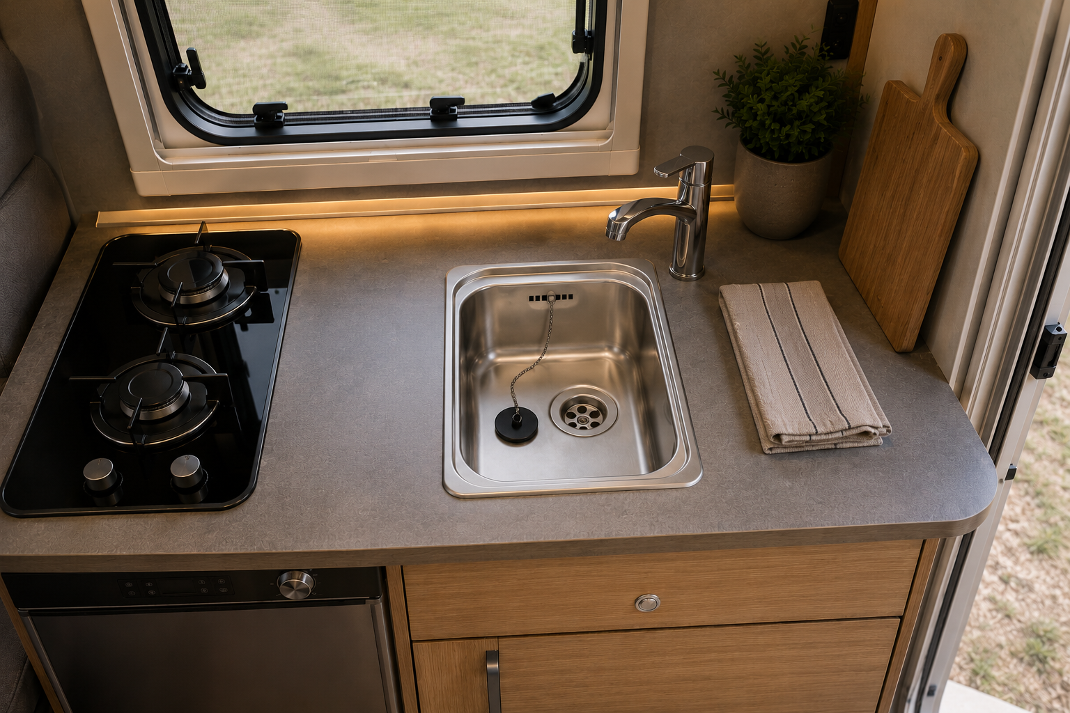 Reginox R18 2330 OSK Einbauspüle Moderne Kücheneinrichtung in einem Wohnmobil mit Spüle, Herd und Holzschneidebrett, perfekt zum Kochen auf Reisen.