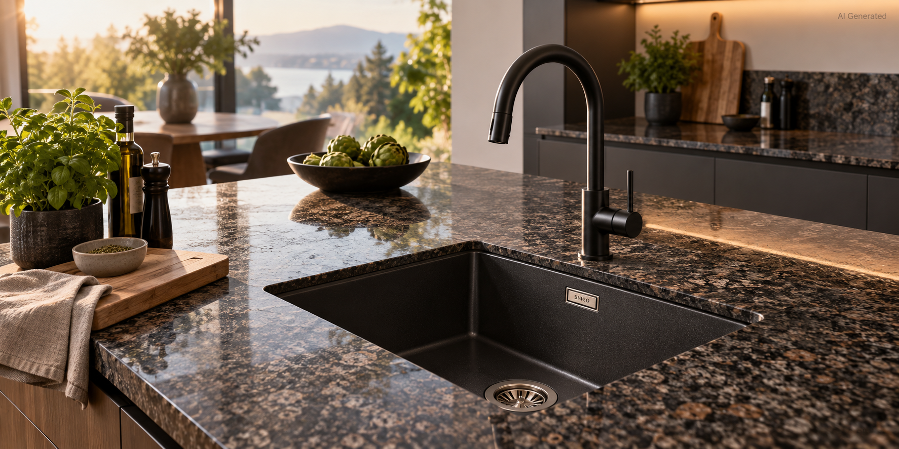 Eine moderne Kücheninsel mit einer Arbeitsplatte aus dunklem Granit, einem schwarzen Waschbecken und einem eleganten mattschwarzen Wasserhahn bei Sonnenuntergang.