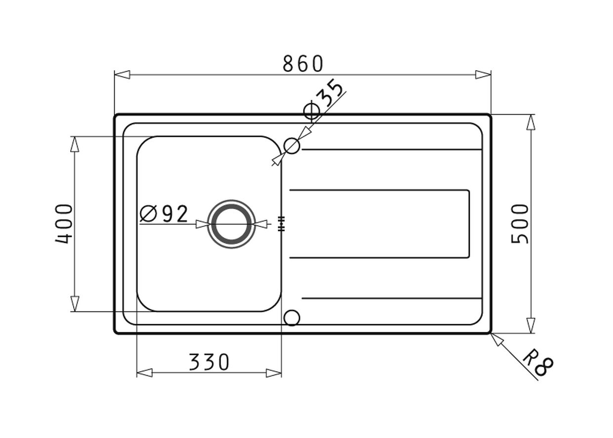 Pyramis ALEA (86x50) 1B 1D Edelstahl Einbauspüle - Maßzeichnung